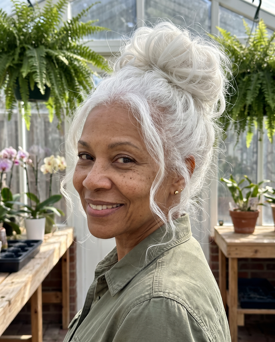 JuvaBun Messy Bun in White on a woman with white hair, front view