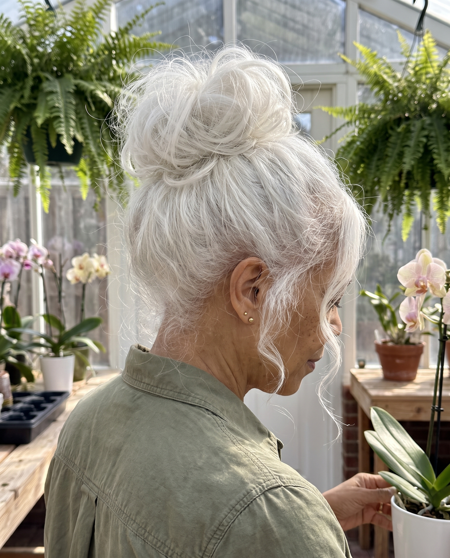 JuvaBun Messy Bun in White on a woman with white hair, back and side view